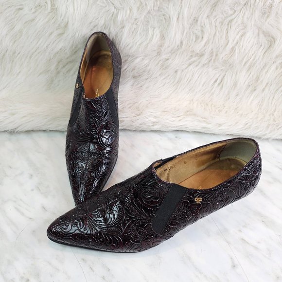 VTG Pertti Palmroth Women's Burgundy Leather Embossed Point Toe Ankle Boots 6 - Picture 1 of 15